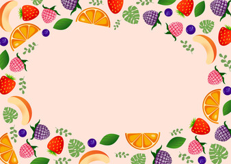 Frame made of fruits and berries on a pink background to insert text, advertising, postcards. Vector flat illustration. Cartoon style. Orange, strawberry, blueberry, raspberry, blackberry, peach.