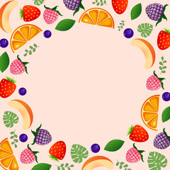 Frame made of fruits and berries on a pink background to insert text, advertising, postcards. Vector flat illustration. Cartoon style. Orange, strawberry, blueberry, raspberry, blackberry, peach.