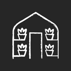 Greenhouses chalk white icon on black background. Structure with walls and roof in which plants requiring regulated climatic conditions are grown. Isolated vector chalkboard illustration
