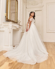 Portrait of young beautiful pretty elegant caucasian woman in white fluffy brifal dress standing in...