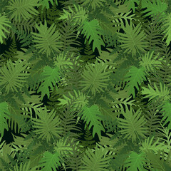 Naklejka na ściany i meble Green vector tropical pattern with jungle leaves decor, seamless fabric background.