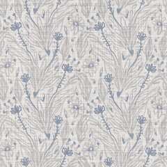 Seamless french farmhouse floral linen printed background. Provence blue gray pattern texture. Shabby chic style woven background. Textile rustic scandi all over print effect. Watercolor paint motif - 427692423