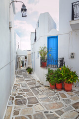 Fototapeta na wymiar Beautiful alley with whitewashed houses at the traditional village of Lefkes, in Paros island, Cyclades islands, Greece, Europe.