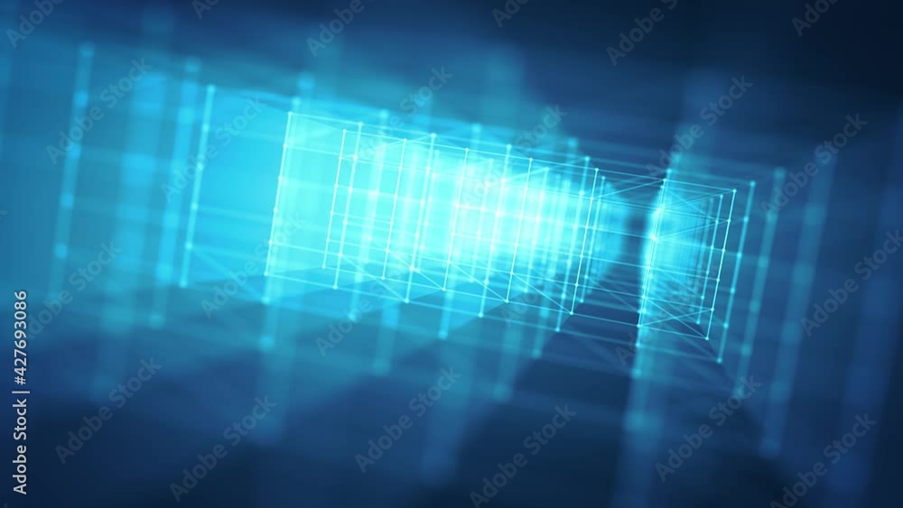 Poster Hi-Tech Structure With Glowing Strokes Slow Shift Loop/ 4k animation of an abstract minimal technology background with outlined cube logo zooming in