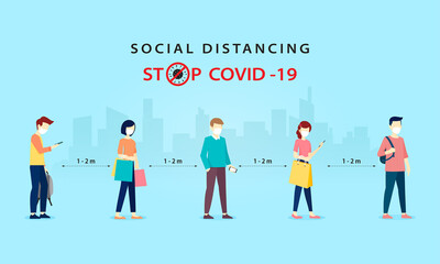 Social distancing, People wear surgical masks and keep a distance to prevent infection and spreading the COVID-19 virus. Health care concept. Vector illustration.