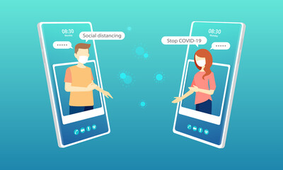Social distancing with mobile phone. Conversation between man and woman using mobile phones to prevent COVID-19 infection. Coronovirus epidemic protective. Health care concept. Vector illustration.