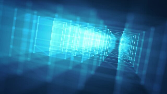 Hi-Tech Structure With Glowing Strokes Slow Shift Loop/ 4k animation of an abstract minimal technology background with outlined cube logo zooming in