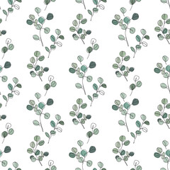 Eucalyptus branches in modern single line art style, seamless pattern. Continuous line drawing, aesthetic contour for textile, packaging, wallpapers, wrapping paper. Vector illustration