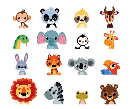Vector set of cute little animals. African baby beasts avatar. Kids characters for room,. Lion, Panda, Monkey, Elephant, Sloth, Koala, etc. print, clothes, postcard, zoo logo or banner. Clipart fun
