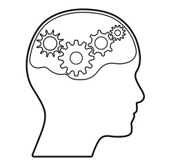 Head with gears and brain outline vector design. Creative thinking concept illustration with cogwheels to use in business, thinking, learning, brainstorming, design projects and presentations.