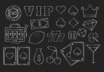 Casino silver collection vector icons set. Isolated on black Background. Casino Emblems and Labels, Sign, Slot Machine, Roulette, Poker, Dice Game. Vector illustration