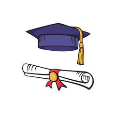 Graduate cap and diploma. Colorful cartoon hand vector icons isolated on white background.