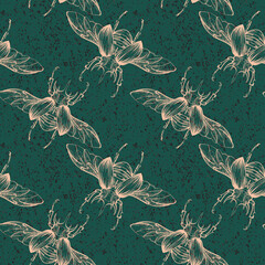 beautiful seamless pattern with hand-drawn  insect rhinoceros beetle. Summer motives in a watercolor theme. Ideal for banners, flyers, backgrounds, prints, invitations, fabrics. EPS10