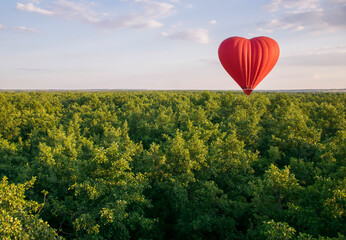 A red heart-shaped balloon flies in the air against the backdrop of the sky and green forest. Copy...