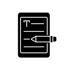 Fototapeta premium E book writing black glyph icon. Editor work. Copywriting services. Freelance, SEO work. Writing literature, text on electronic device. Silhouette symbol on white space. Vector isolated illustration