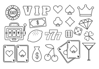 Casino collection vector icons set. Isolated on white Background. Casino Emblems and Labels, Sign, Slot Machine, Roulette, Poker, Dice Game. Vector illustration