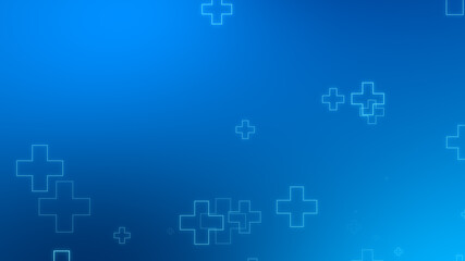 Medical health blue cross neon light shapes pattern background. Abstract healthcare technology and science concept.