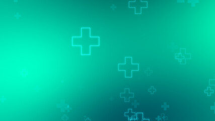 Medical health blue green cross neon light shapes pattern background. Abstract healthcare technology and science concept.