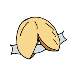 Doodle style fortune cookie illustration in vector format. Chinese dessert. Fortune cookies with a prediction. Vector illustration in color.