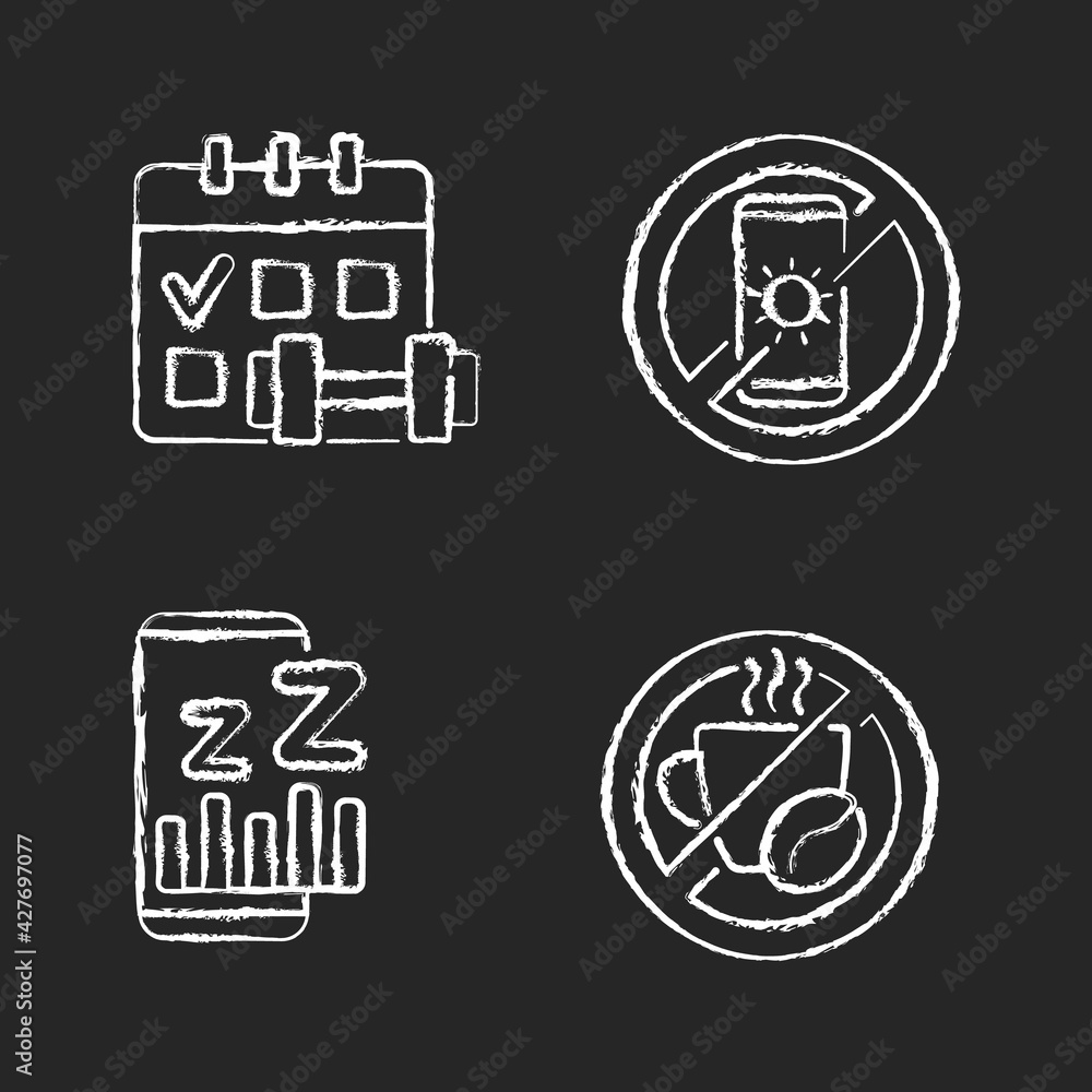 Poster recommendations to prevent insomnia chalk white icons set on black background. regular exercise, phy