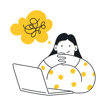 Contemplations, figuring out, untangling, and problem-solving. Cute cartoon girl sitting in front of the laptop and thinking about the existing problems.