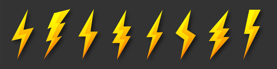 Yellow lightning bolt icons collection. Flash symbol, thunderbolt. Simple lightning strike sign. Vector illustration.