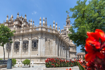 View of Cathedral of Seville, situated in the Triunfo Square in the center of Seville. No people,...