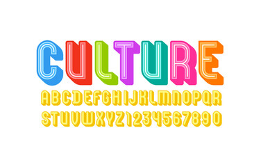 3D modern Font, trendy multicolored alphabet, condensed letters and numbers with dark line, vector illustration 10eps