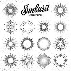 Vintage grunge sunburst collection. Bursting sun rays. Fireworks. Logotype or lettering design element. Radial sunset beams. Vector illustration.