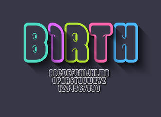 Font from multi colored contour, child alphabet in the cartoon style, multicolored bright rounded cute uppercase Latin letters from A to Z and Arab numbers from 0 to 9, vector illustration 10EPS