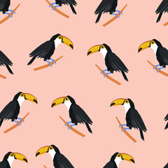 toucan. tropical bird. seamless pattern with toucans. stock vector illustration isolated on pink background.