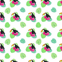 toucan. tropical bird. monstera leaves. seamless pattern with toucans, exotic leaves and flowers. stock vector illustration isolated on white background.