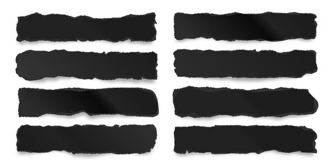 Ripped black paper strips isolated on white background. Realistic crumpled paper scraps with torn edges. Shreds of notebook pages. Vector illustration.