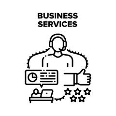 Business Services And Support Vector Icon Concept. Operator Advice Online Helping Client And Discussing Through Telephone, Analyzing Financial Chart Business Services Black Illustration