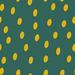 Oval spots. Polka dot fabric. An infinite number of yellow dots. Seamless green pattern for textiles, paper, packaging, curtains, pillows, bedspreads, bed linen. Actual colors. Vector graphics.