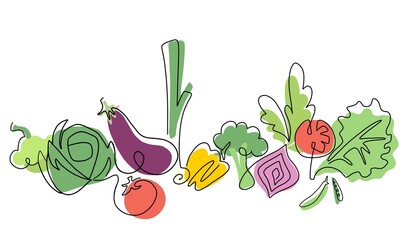 A line of different vegetables. Squash, cabbage, eggplant, pepper, broccoli, onion, lettuce. Linear graphics. Illustration on white background