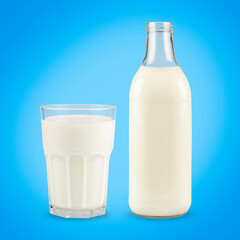 Glass of milk on the blue background.