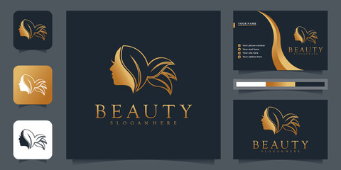 Beauty logo with golden style for women and business card design template Premium Vector