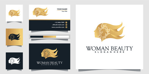 Woman logo with modern hair style, gradient color concept and busines card for beauty salon Premium Vector