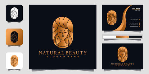 Woman hair logo with gradient colour concept and busines card for beauty salon Premium Vector