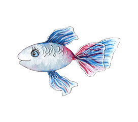 Watercolor cute fish illustration, isolated on white background.