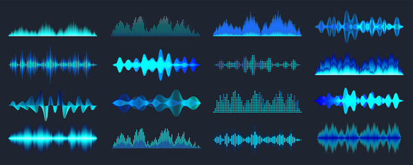 Blue colorful sound waves collection. Analog and digital audio signal. Music equalizer. Interference voice recording. High frequency radio wave. Vector illustration. - obrazy, fototapety, plakaty
