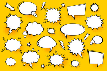 Blank comic speech bubbles with halftone shadows on yellow background. Hand drawn retro cartoon stickers. Pop art style. Vector illustration.