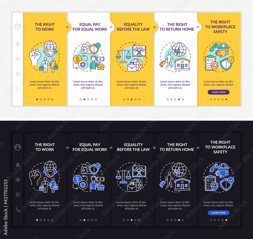Poster migrant workers rights onboarding vector template. responsive mobile website with icons. web page wa