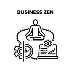 Business Zen Vector Icon Concept. Businessman Relaxing Meditating In Office, Peaceful Ceo In Suit Practicing Yoga At Work, Business Zen And Meditation. Relaxation Black Illustration