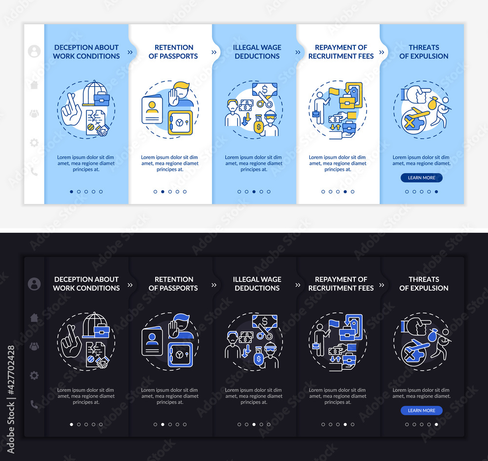 Poster migrant workers rights violations onboarding vector template. responsive mobile website with icons. 