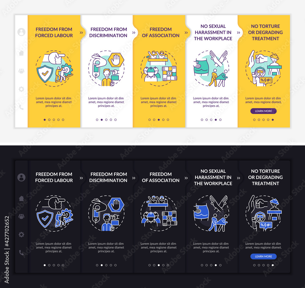 Poster migrant workers freedoms onboarding vector template. responsive mobile website with icons. web page 