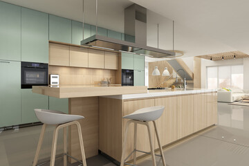Modern interior of kitchen with living room. 3D Render