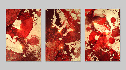 Red, gold and black pattern with texture of geode and sparkles. Abstract vector background in alcohol ink technique. Modern paint with glitter. Set of backdrops for banner, poster design. Fluid art