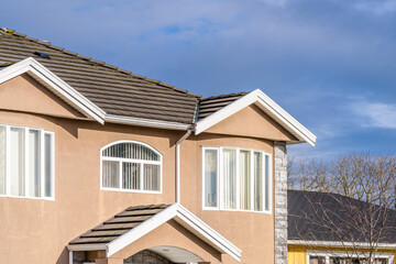 Top of a very neat and colorful home with gorgeous outdoor landscape in suburbs of Vancouver, Canada